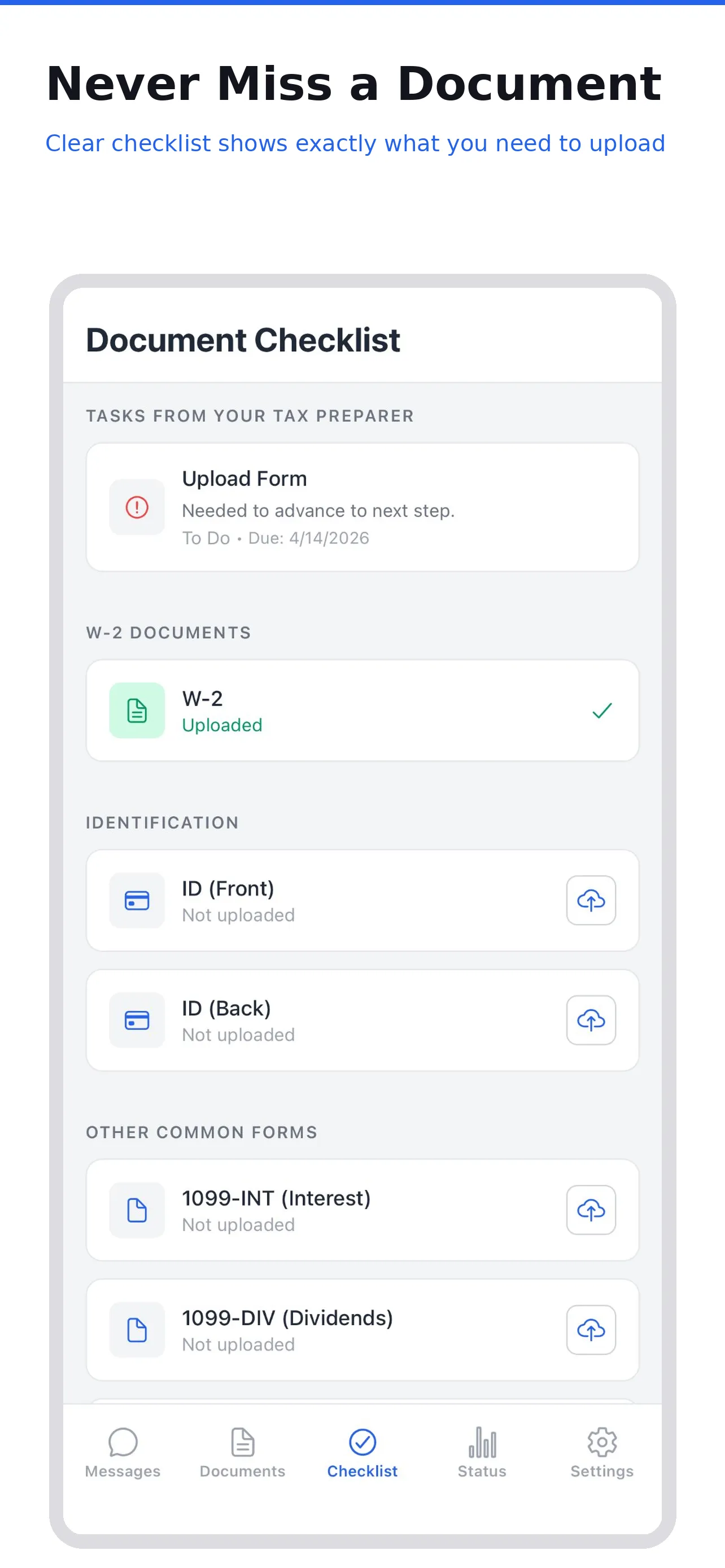 Document checklist for tax preparation