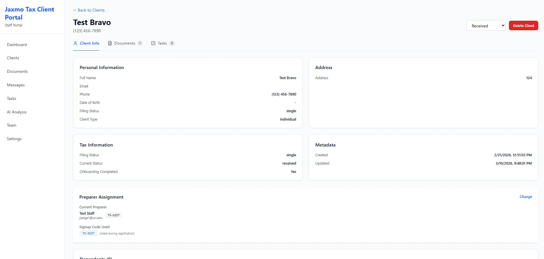 Client profile and details view